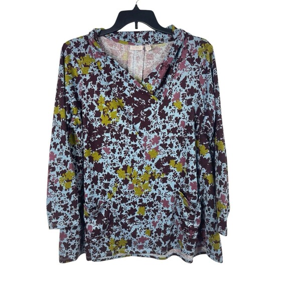 LOGO Lori Goldstein 2X Floral Print Shawl V-Neck Tunic Top Burgundy Blue Pockets - Picture 1 of 14